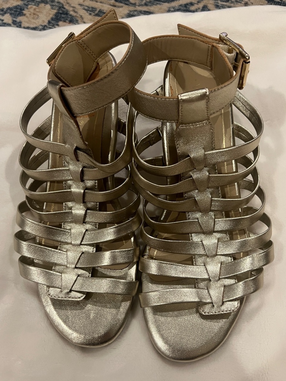 Vionic Gold Strappy Sami Met Heeled Sandal with Ankle Buckle - size 8